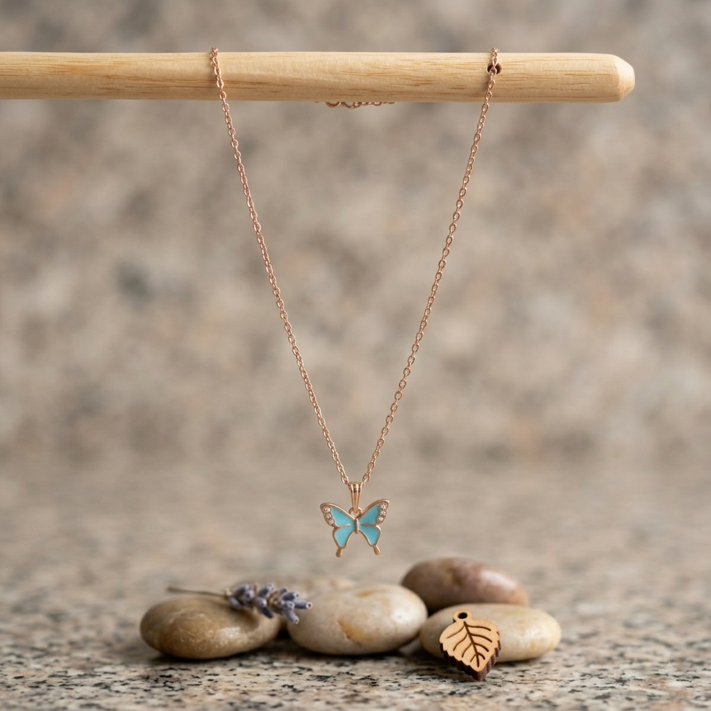 Dainty Rose Gold Butterfly Charm Chain Necklace - Light Blue