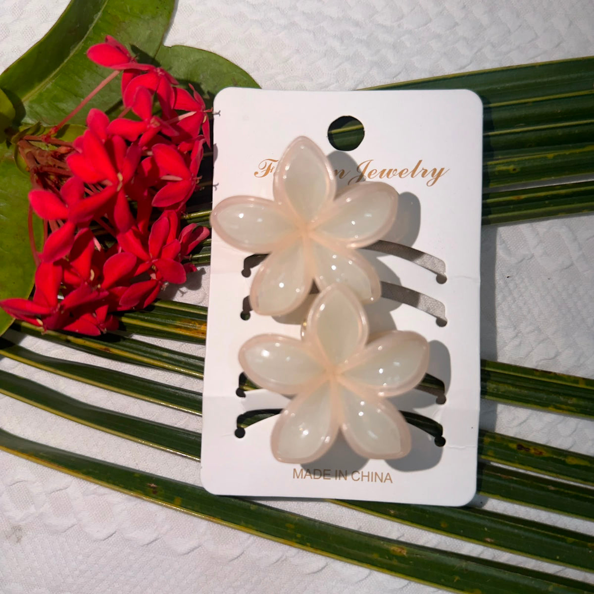 Pack of 2 Jelly Plumeria Flower Hair Side Pins – Pastel Pink & Peach Gradient