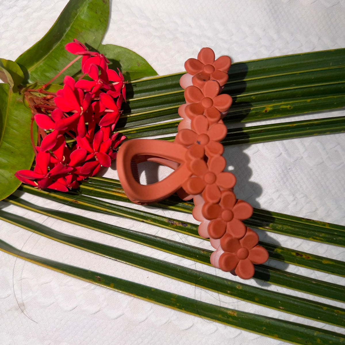 Matte Terracotta Orange Six -Flower Row Long Hair Claw Clip