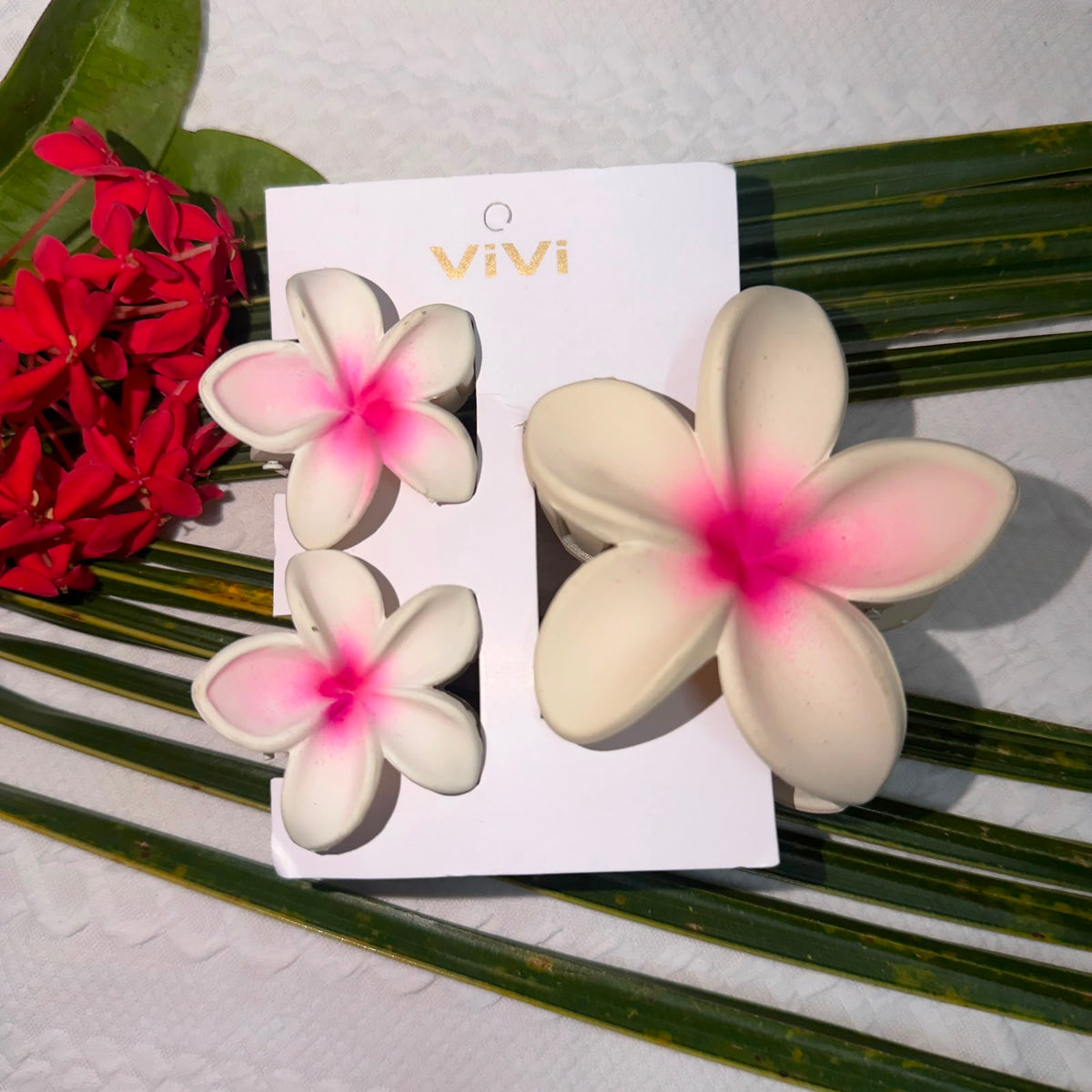 Hawaiian Plumeria Flower Hair Clip Set (Pack of 3) | Matte Tropical Floral Claw & Side Clips