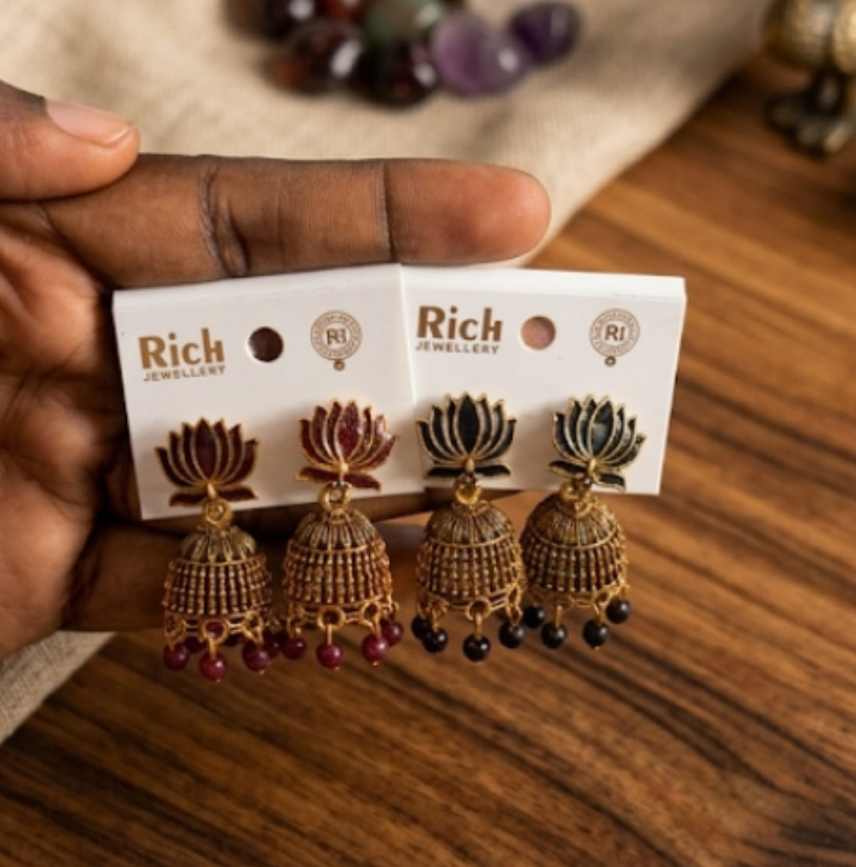 Rich Jewellery Elegant Lotus Motif Enamel Jhumka Earrings