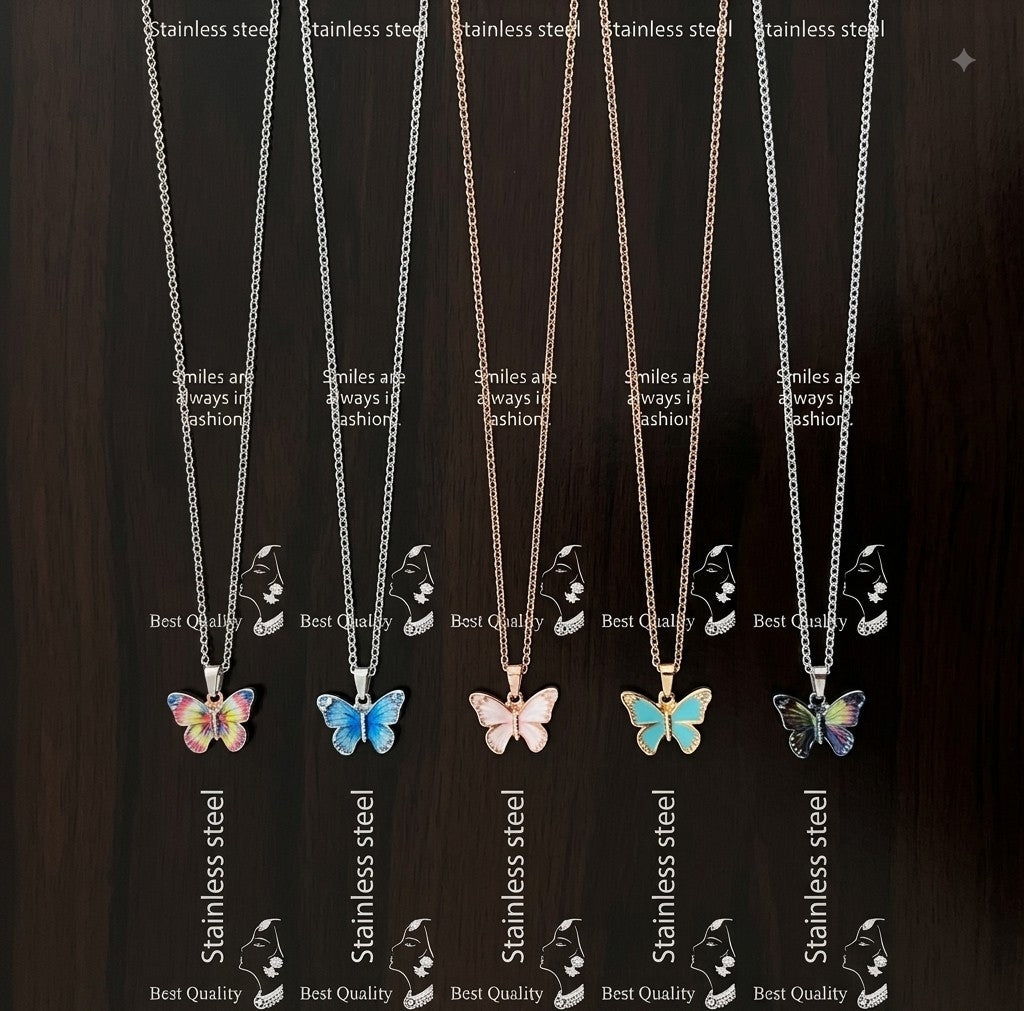 Sona Gold Anti-Tarnish Stainless Steel Butterfly Pendant Necklace with Vibrant Enamel Work for Women & Girls